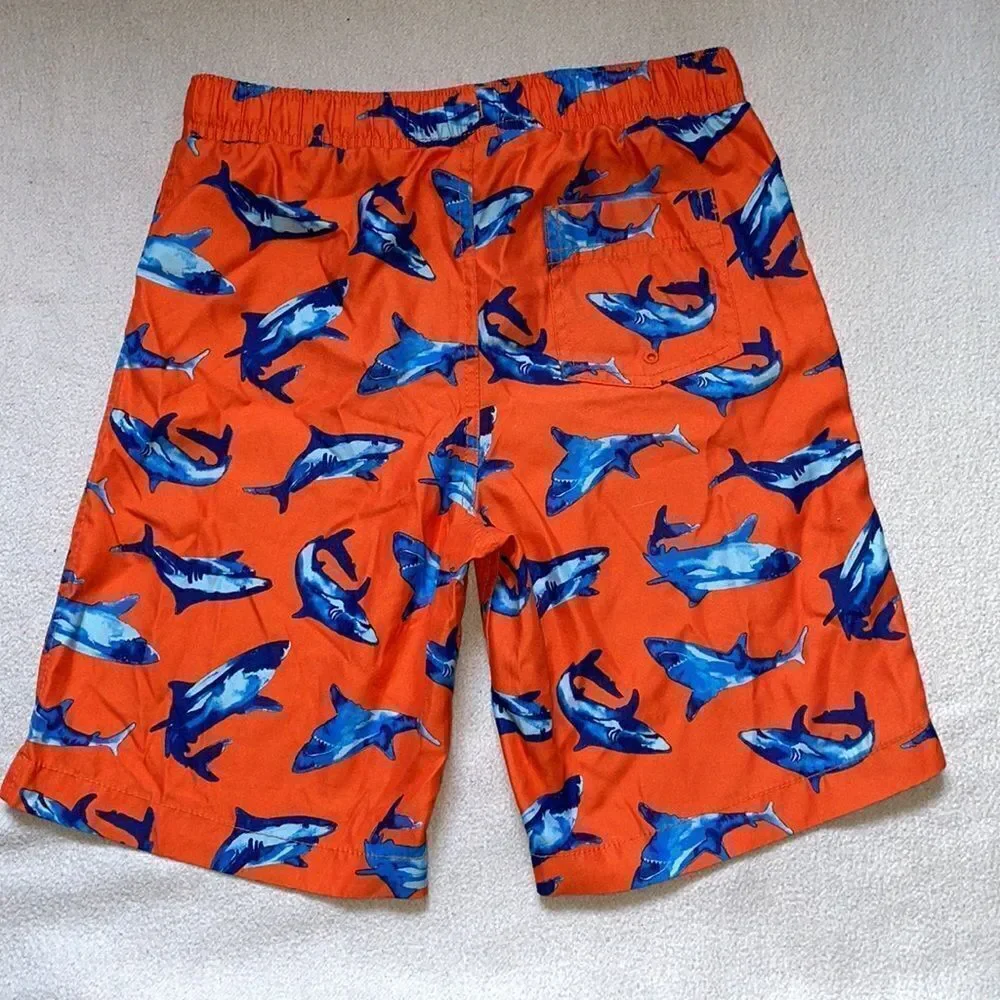 Lands’ End Boys Orange Swim Trunks w/Blue Dolphins & Elastic Waist (Size: Boys M